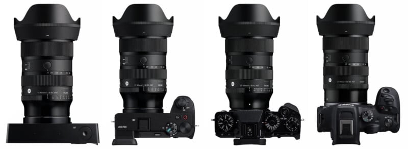 Four different cameras are shown each fitted with the same large Sigma 24-70mm f/2.8 DG DN lens, viewed from the front, top, and with various camera bodies and mounts.