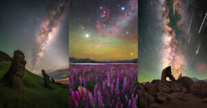 Three vertical photos show dazzling night skies: left, the Milky Way above an Easter Island statue; center, colorful flowers under a star-filled sky; right, a person sits by a rock under a vibrant Milky Way with streaking star trails.