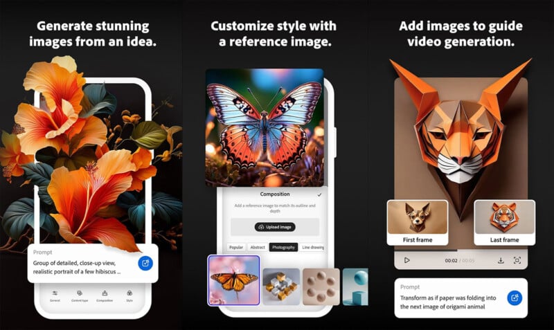 A promotional graphic shows three features of an image generation app: creating images from text prompts, customizing style with reference images, and guiding video generation using added images and prompts.