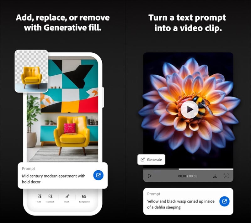 Two app screens: Left shows a modern room with a yellow chair, offering options to add, replace, or remove objects using generative fill. Right shows a video of a wasp on a dahlia, created from a text prompt with video generation tools.