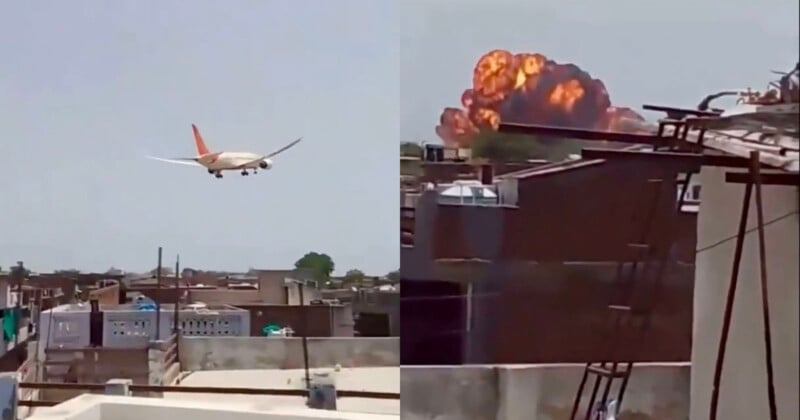 A split image shows a passenger airplane flying low over rooftops on the left, and an explosion with flames and smoke rising behind buildings on the right.