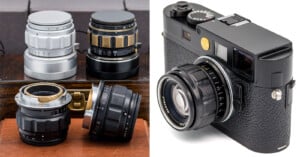 Four camera lenses, including one with gold accents, are displayed on the left, some with lens mounts visible. On the right, a black rangefinder camera with a lens attached is shown facing forward.