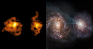 Side-by-side images: left shows two blurry, orange shapes resembling distant galaxies; right shows a detailed artistic rendering of two spiral galaxies interacting in space.