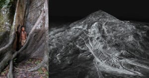 A man stands between large tree roots on the left; on the right, an aerial black-and-white view of a mountain scarred by mining operations.