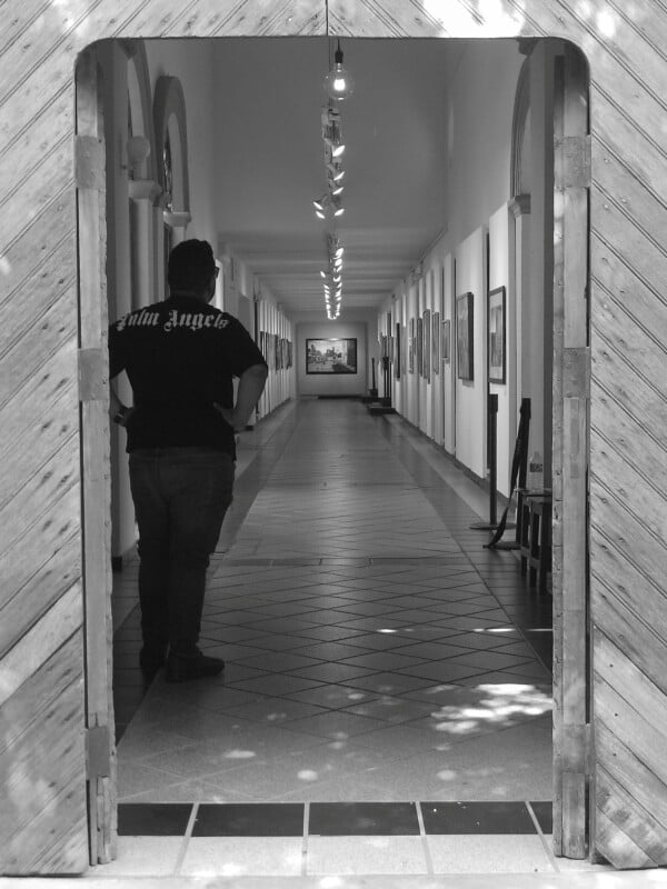 A person stands in the doorway of a long art gallery hallway with framed artworks on the walls and a painting visible at the far end; the scene is in black and white.