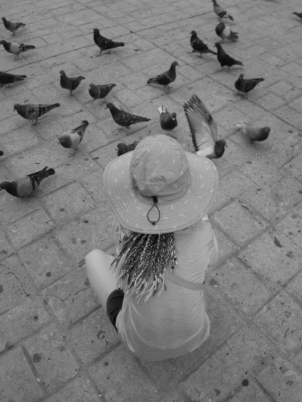 A person wearing a sunhat with braids sits on a stone pavement, facing a group of pigeons pecking at the ground. The photo is in black and white, creating a calm, reflective mood.