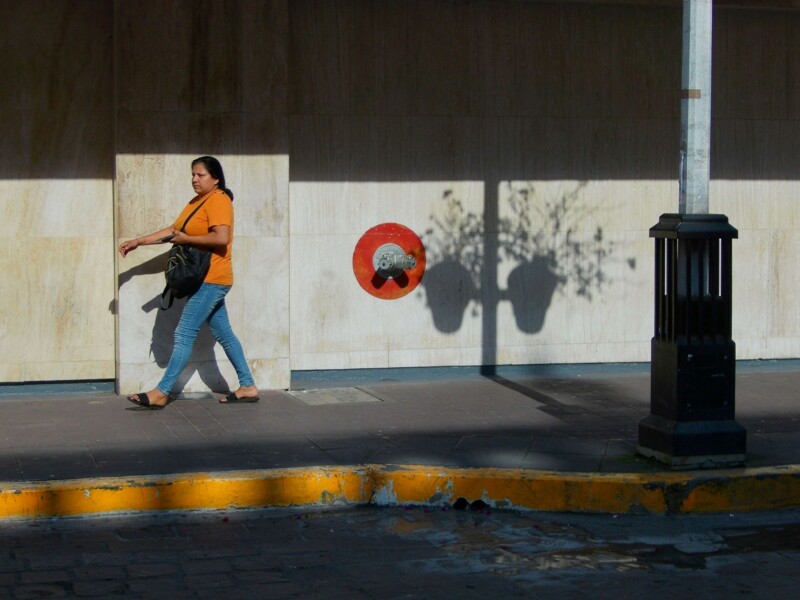 A woman in an orange shirt and jeans walks past a beige wall with a red fire hydrant outlet. Shadows of a tree and a streetlamp fall on the wall and pavement.
