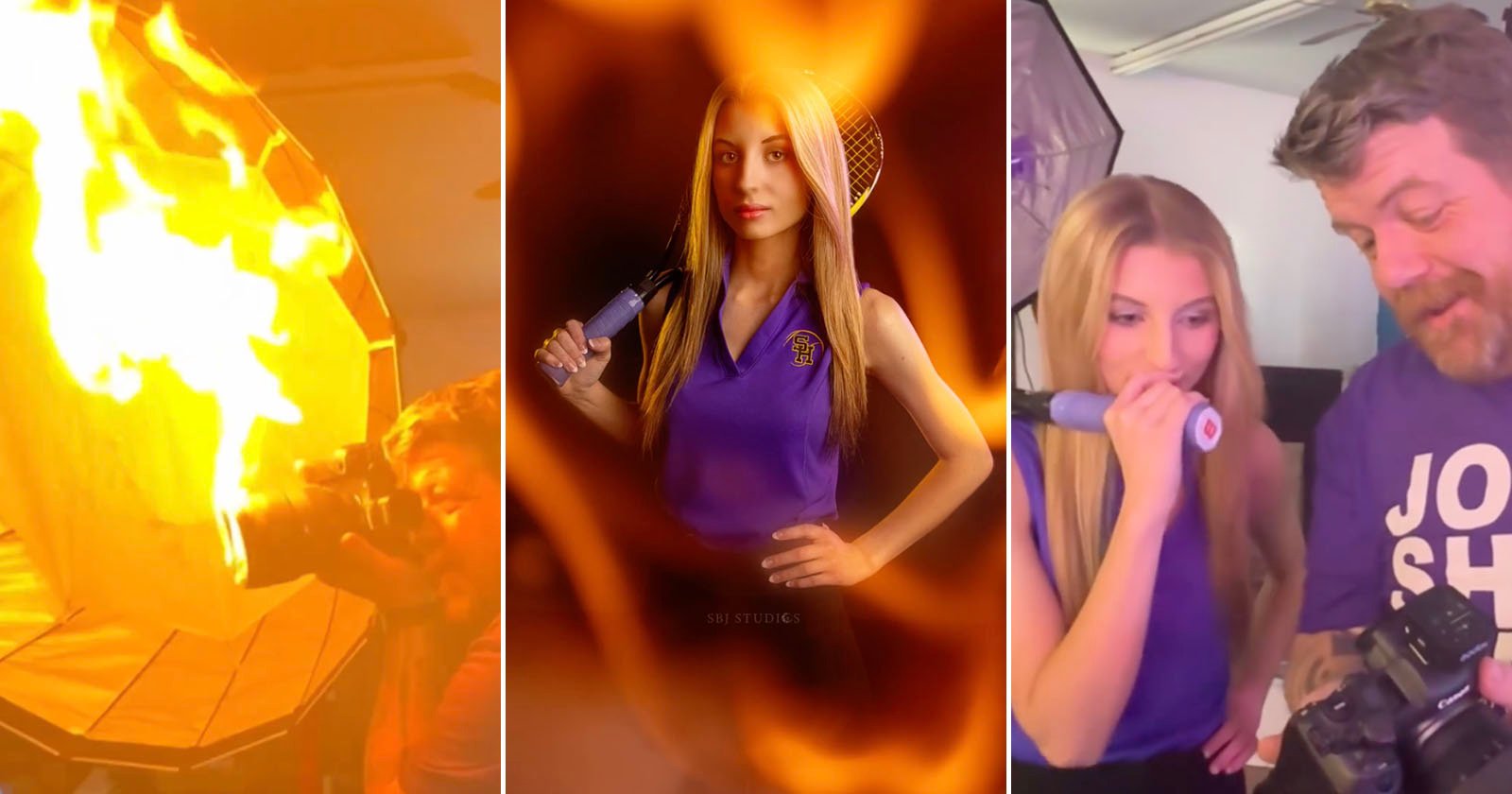 A collage of three images: left, a photographer captures a woman holding a flaming tennis racket; center, the woman poses with the racket against a dramatic backdrop; right, she and the photographer review images on a camera.
