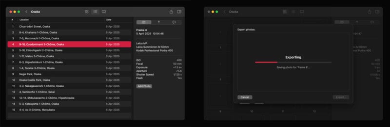 Two screenshots of a photo management app: the left shows a list of photo locations and details sorted by date; the right shows an "Exporting" progress window with an export status bar.