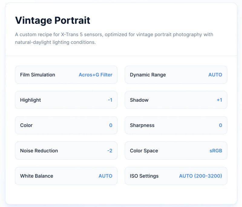 Settings page for a vintage portrait photo recipe, showing options for film simulation, highlight, color, noise reduction, white balance, dynamic range, shadow, sharpness, color space, and ISO settings.