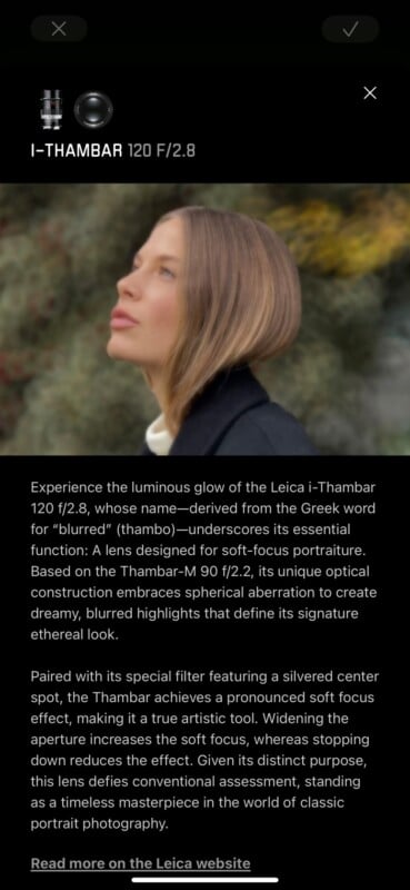 A woman with blonde hair gazes to the left in soft focus, her face gently illuminated. The image demonstrates the dreamy, blurred effect produced by the Leica i-Thambar 120 f/2.8 lens used for portraiture.