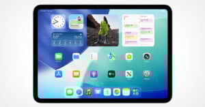 A tablet screen displays the iPadOS home screen with a clock, weather, calendar, contacts, and photos widgets at the top, and app icons like Messages, Maps, Mail, Camera, and Settings at the bottom.