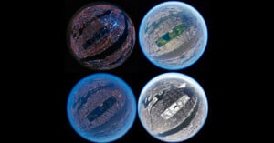 Four fisheye images of Earth from above, showing the Great Lakes region in different lighting and color filters: night view, daytime, false-color, and grayscale. Each image displays the same area from a similar perspective.