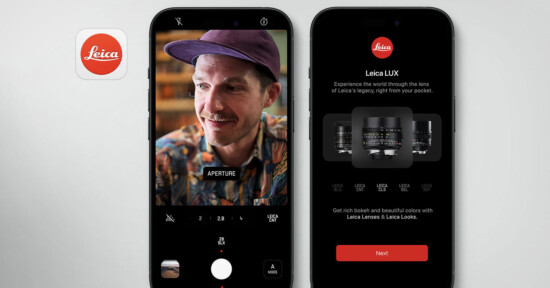 Two smartphones display different screens. The left phone shows a camera app capturing a man wearing a purple cap. The right phone displays a Leica advertisement for Leica LUX lenses and Leica Looks, with a red "Next" button at the bottom and the Leica logo at the top.