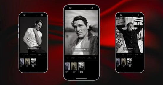 Three smartphones display a photo editing app with black-and-white portraits of a man named Greg Williams, showing different editing filters and settings, set against a dark red and black abstract background.