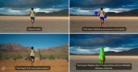 Four images depict a person running across a barren landscape. Modifications include adding blue pom-poms to their hands, changing the terrain to a desert, and replacing their running clothes with an inflatable dinosaur costume.