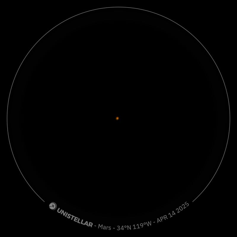 A small, bright orange dot representing Mars is centered against a black background, framed by a thin white circle. Text at the bottom reads: "UNISTELLAR - Mars - 34°N 119°W - APR 14 2025".