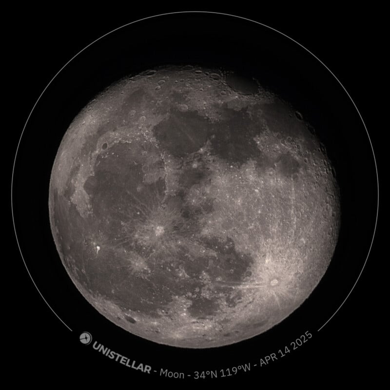 A detailed grayscale image of the Moon shows craters and maria, with labeled coordinates 34°N 119°W and the date April 14, 2025. The image is credited to Unistellar.
