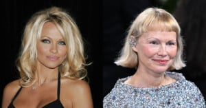 Side-by-side portraits of two women: one with long, blonde, wavy hair and glamorous makeup, and the other with a short, straight blonde bob, natural makeup, and wearing a sparkly top.