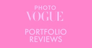 Text reading "PHOTO VOGUE PORTFOLIO REVIEWS" in light pink capital letters on a bright pink background.