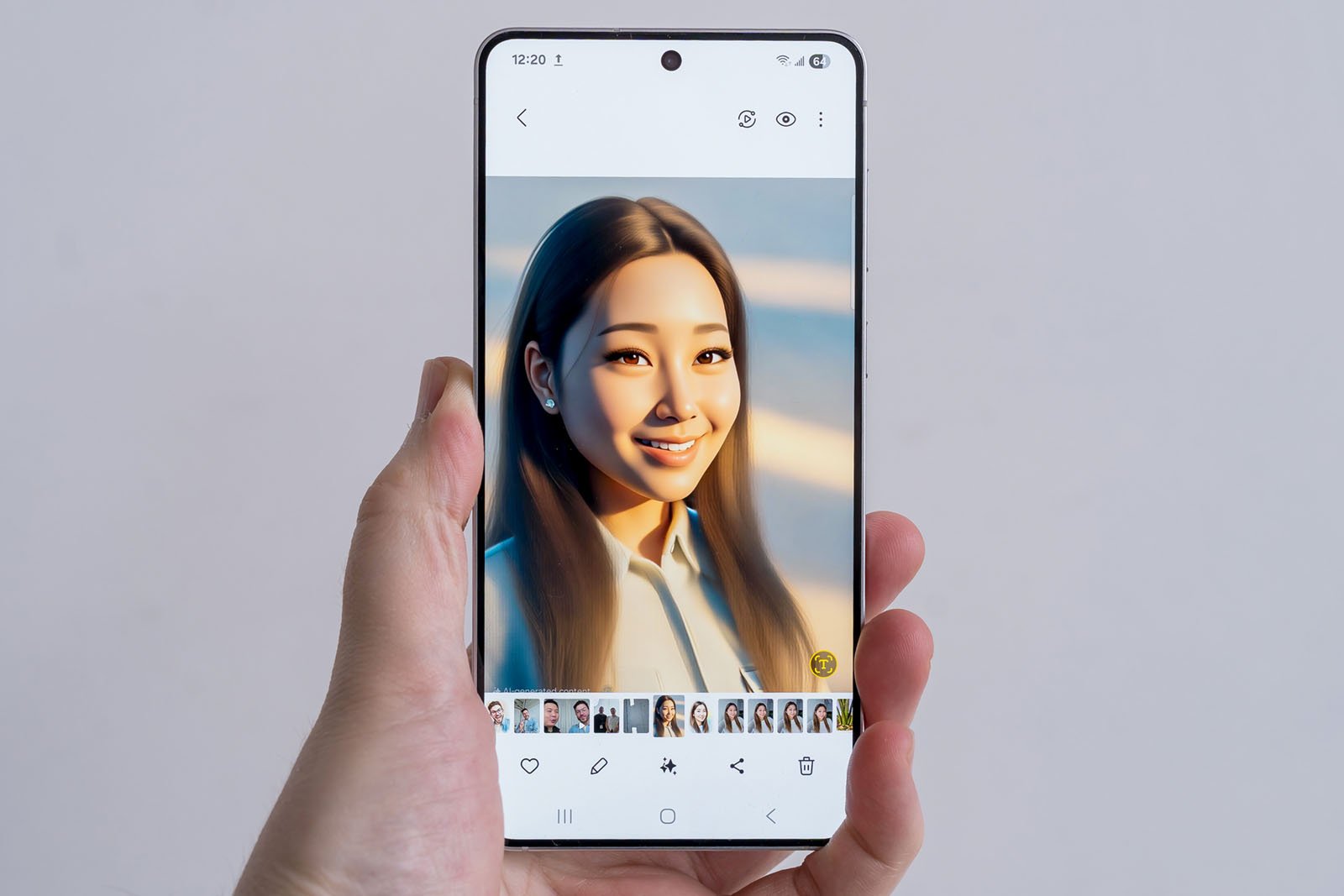 A hand holding a smartphone displaying an edited portrait of a smiling woman, with editing tools and filters visible on the screen. The background is plain and light-colored.