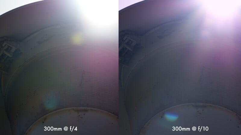Side-by-side photos show a metal structure shot towards the sun at 300mm. Left image (f/4) is bright with lens flare; right image (f/10) is darker with less flare. Text labels the aperture settings on each photo.