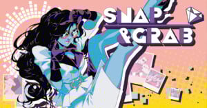 Stylized illustration of a blue-skinned woman in a white jacket, sunglasses, and gloves striking a dynamic pose. Bold text reads “SNAP & GRAB” on a colorful geometric background with photo frames.