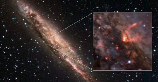 Image of the NGC 4945 galaxy, showing a detailed view with an inset focusing on a bright, active region. The galaxy appears elongated with a bright core, surrounded by dust lanes and scattered stars.