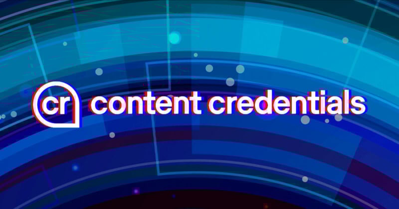 White text reads "content credentials" beside a "cr" symbol on a blue and purple abstract digital background with circular and rectangular shapes and light spots.