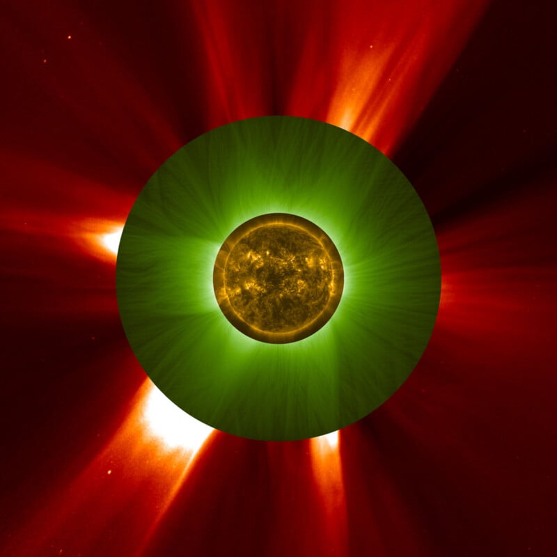 A composite image of the Sun shows its surface in yellow at the center, surrounded by layers of green and red, illustrating different wavelengths and details of the solar corona and solar activity.
