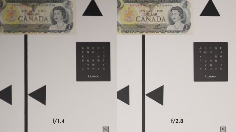 Side-by-side comparison of two photos showing a Canadian one dollar bill above a focus test chart. Left image is labeled “f/1.4” and right image “f/2.8.” The right image appears sharper than the left.