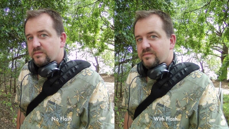 A man with headphones around his neck stands outdoors among trees. The left side shows him with no flash, appearing darker, while the right side shows him with flash, appearing brighter. Text reads "No Flash" and "With Flash.
