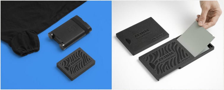 Two images side by side: on the left, a black tool, a rectangular black object, and a black cloth on a blue background; on the right, a hand inserts a gray card into a black Zebra-marked case.