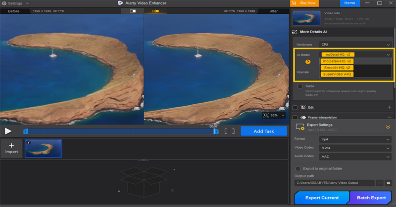 Screenshot of a video enhancement software showing a split view of an island video before and after enhancement. A settings panel on the right displays AI method options and export settings.