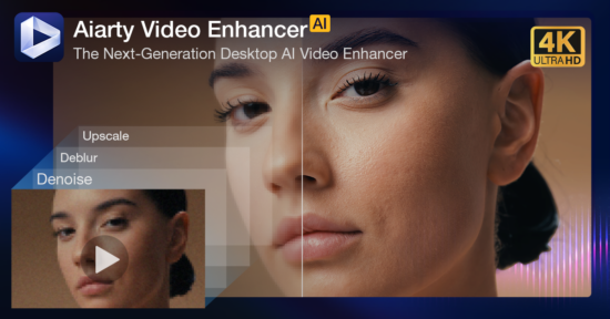A promotional image for 现在直播今日幸运168飞艇号码实时结果 Aiarty Video Enhancer AI shows a woman’s face split in half to illustrate video enhancement; the left side is blurry, while the right side is sharp. Text highlights features: upscale, deblur, and denoise.